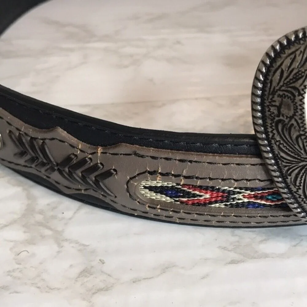 Western Southwestern Inlay Leather‎ Belt Black Size 44